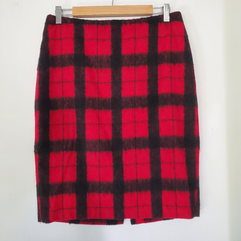 Red Black Buffalo Check Pencil Skirt Window Pane Wool Blend Talbots 6 Classic